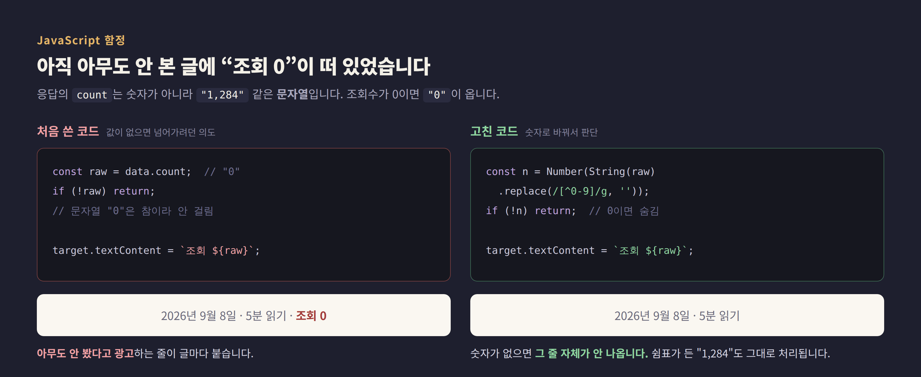 처음 쓴 코드와 고친 코드 비교. 처음 코드는 응답값이 비었는지만 확인했는데 문자열 "0"이 참이라 걸러지지 않아 화면에 조회 0이 표시됐고, 고친 코드는 숫자로 바꿔서 0이면 그 줄 자체를 감춘다.